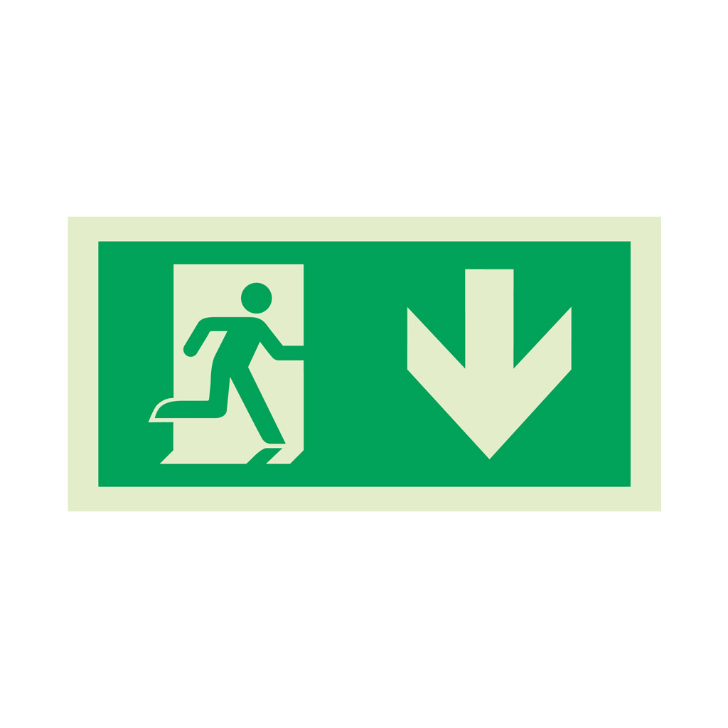 Rettungswegschild 9.75 m Pfeil unten - Wandaufbaumontage - N150IPU